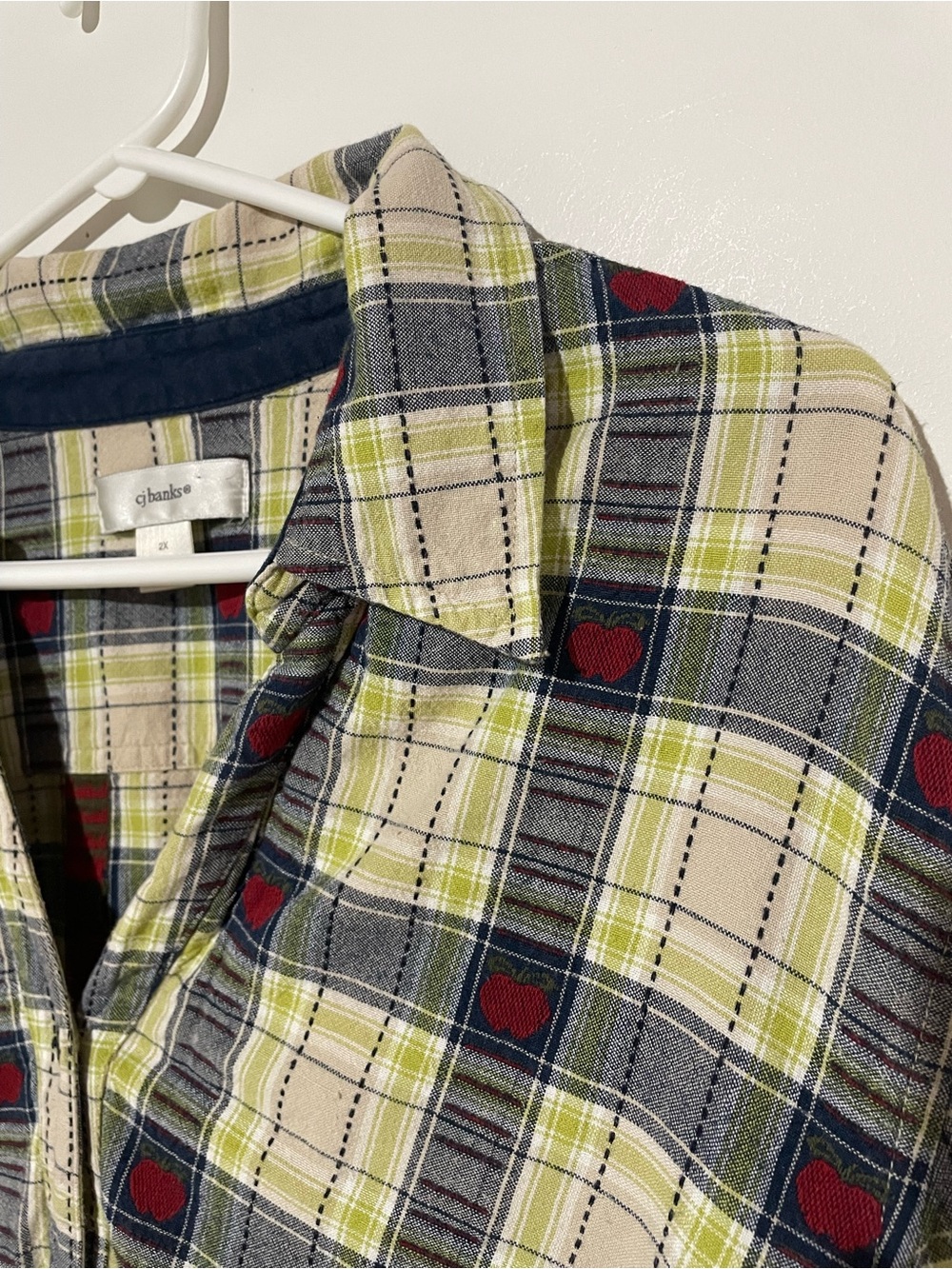 CJ banks Green Plaid Button-Down Jacket with Apple Motif